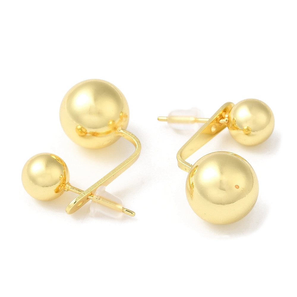 Rack Plating Brass Round Ball Front Back Stud Earrings, Dangle Stud Earrings, Real 18K Gold Plated, 23.5x11.5mm