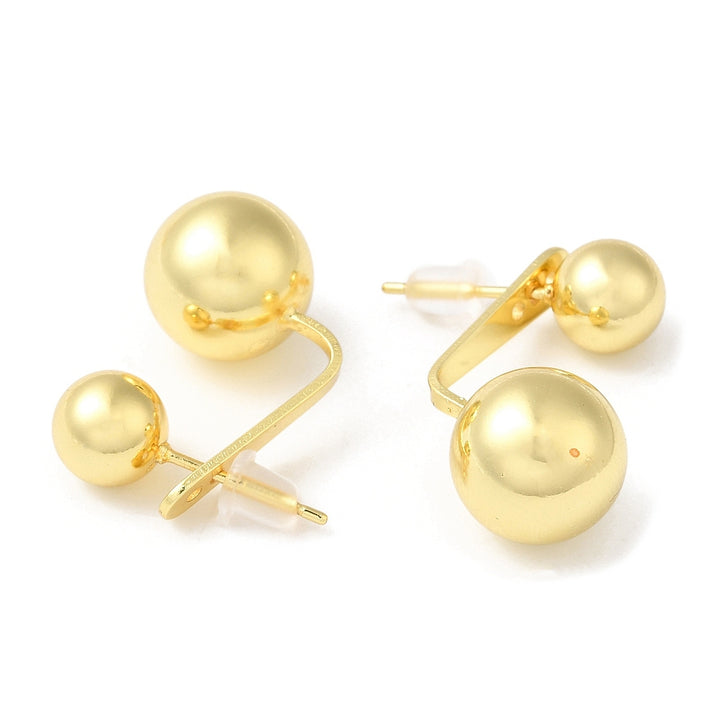 Rack Plating Brass Round Ball Front Back Stud Earrings, Dangle Stud Earrings, Real 18K Gold Plated, 23.5x11.5mm
