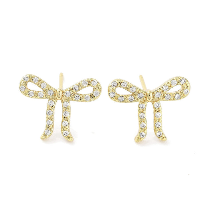 Brass Cubic Zirconia Stud Earrings for Women, Bowknot, Real 18K Gold Plated, 15x12mm