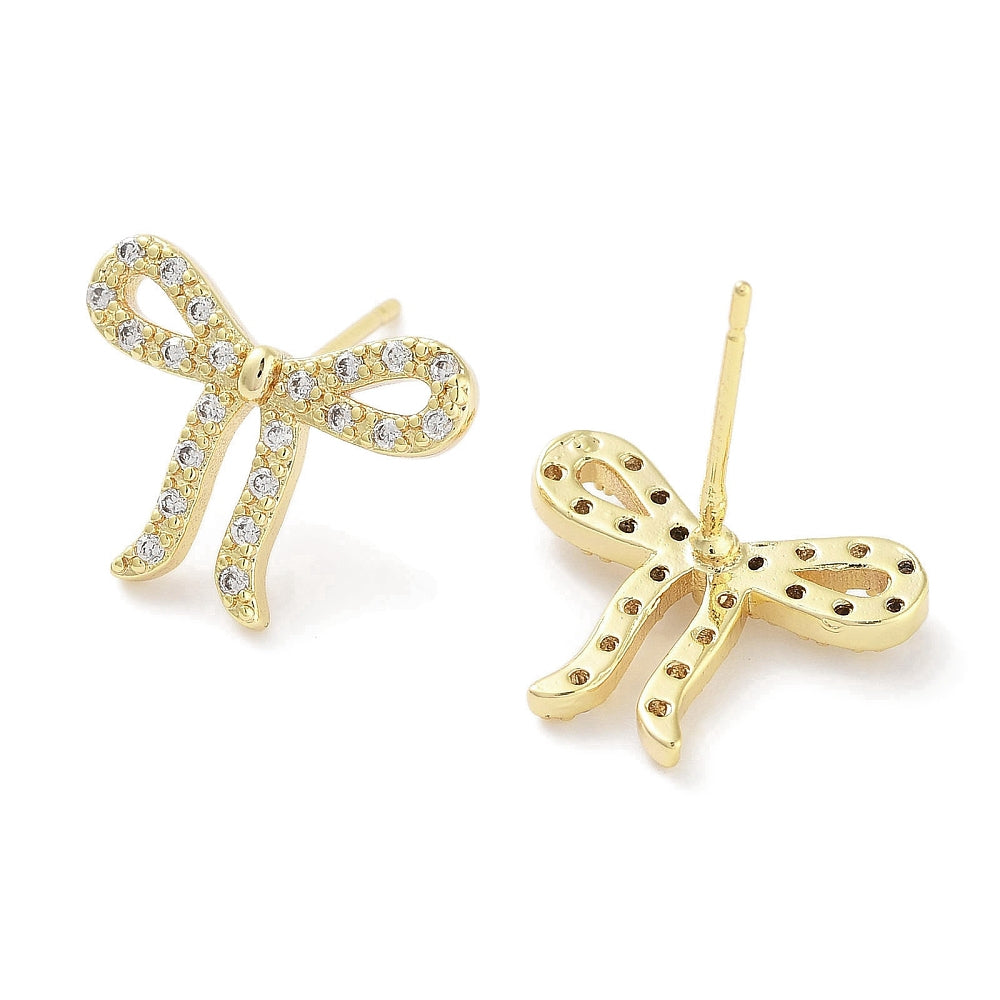 Brass Cubic Zirconia Stud Earrings for Women, Bowknot, Real 18K Gold Plated, 15x12mm