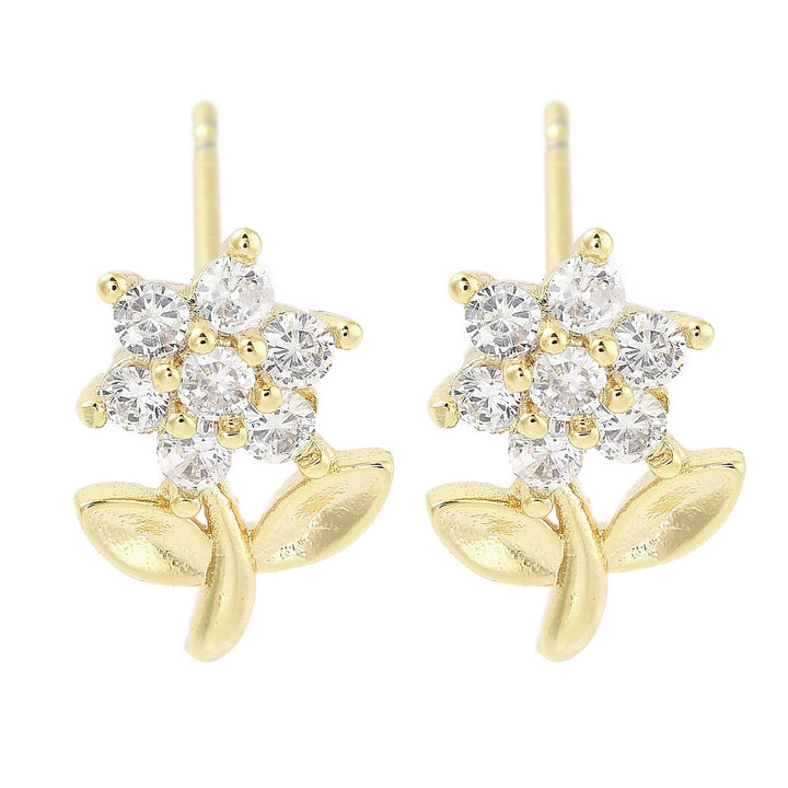 Kennedy Collective Brass Micro Pave Clear Cubic Zirconia Stud Earrings for Women, Flower, Real 18K Gold Plated, 12x8mm