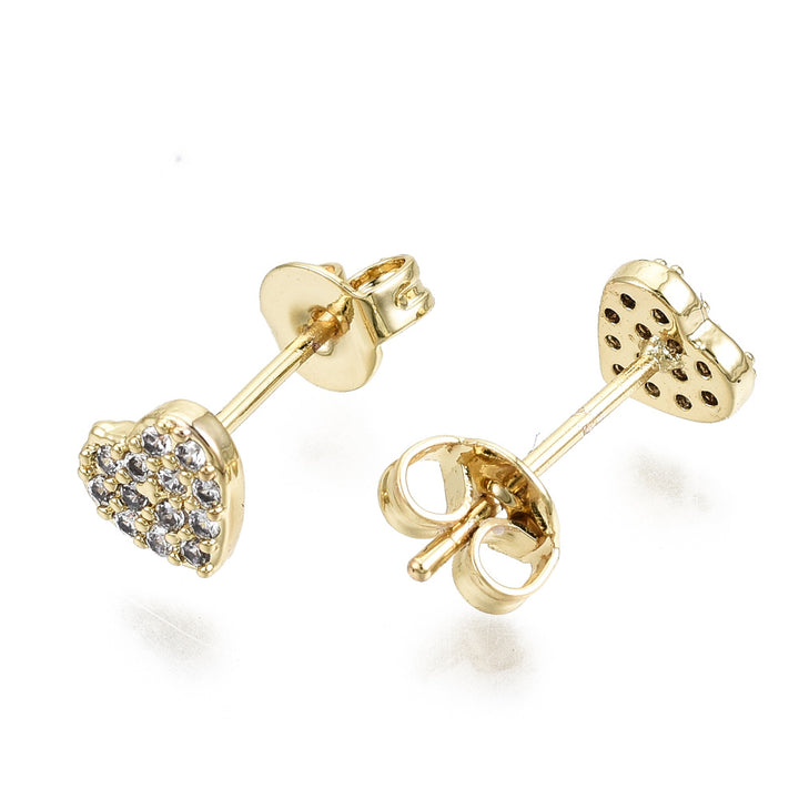 Brass Micro Pave Clear Cubic Zirconia Stud Earrings, with Ear Nuts, Nickel Free, Heart, Real 16K Gold Plated, 5.5x6mm, Pin: 0.8mm
