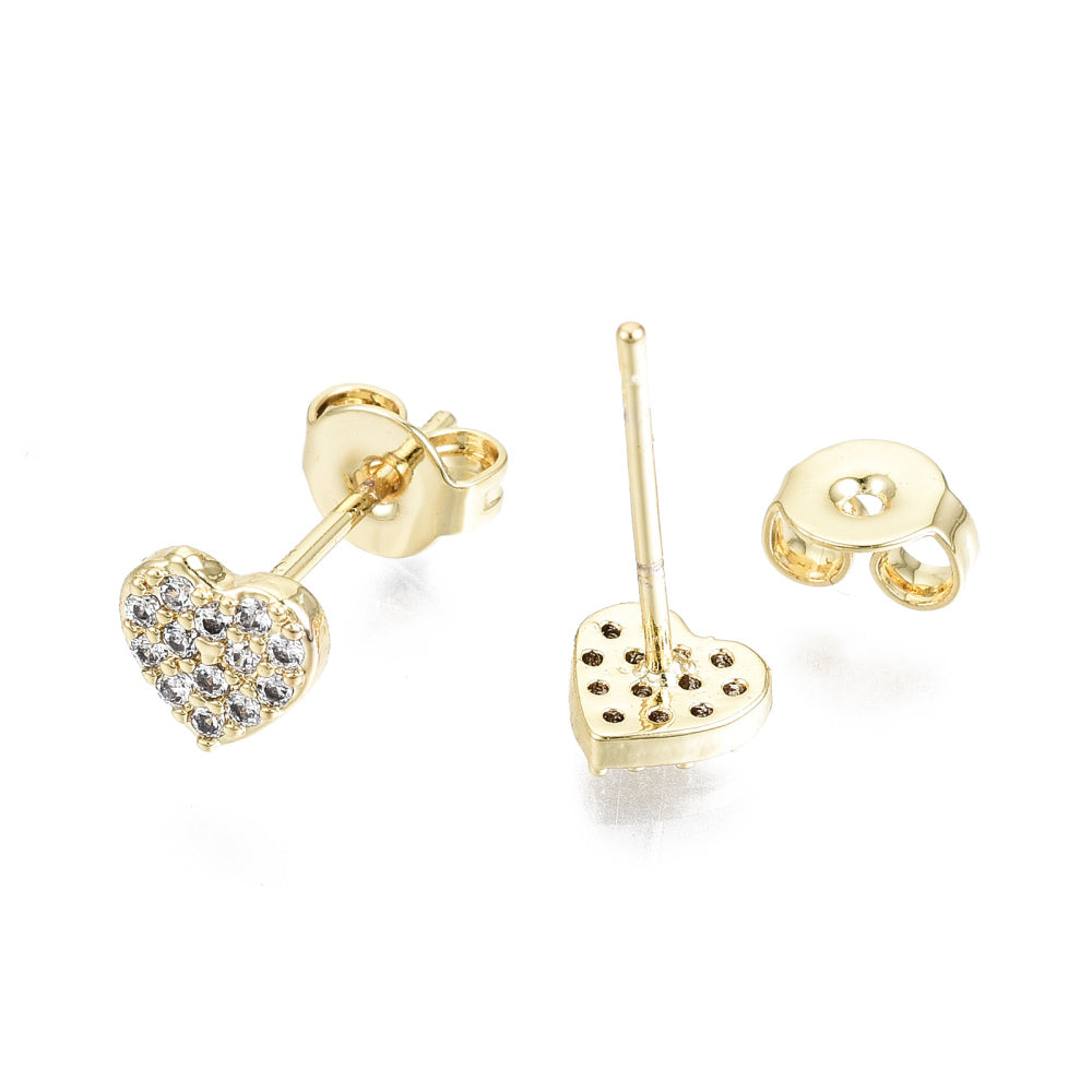 Brass Micro Pave Clear Cubic Zirconia Stud Earrings, with Ear Nuts, Nickel Free, Heart, Real 16K Gold Plated, 5.5x6mm, Pin: 0.8mm