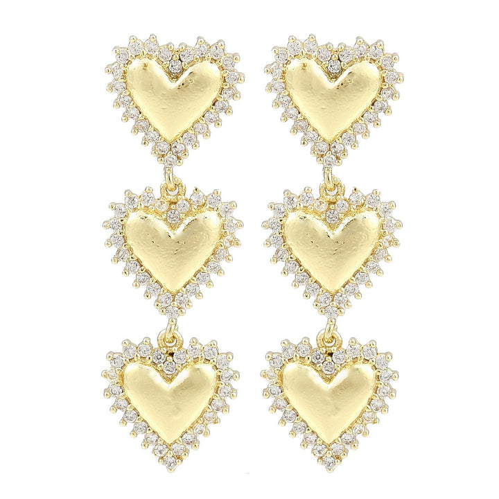 Rack Plating Heart Brass Pave Clear Cubic Zirconia Stud Earrings, Long-Lasting Plated, Lead Free & Cadmium Free, Real 18K Gold Plated, 32x10mm