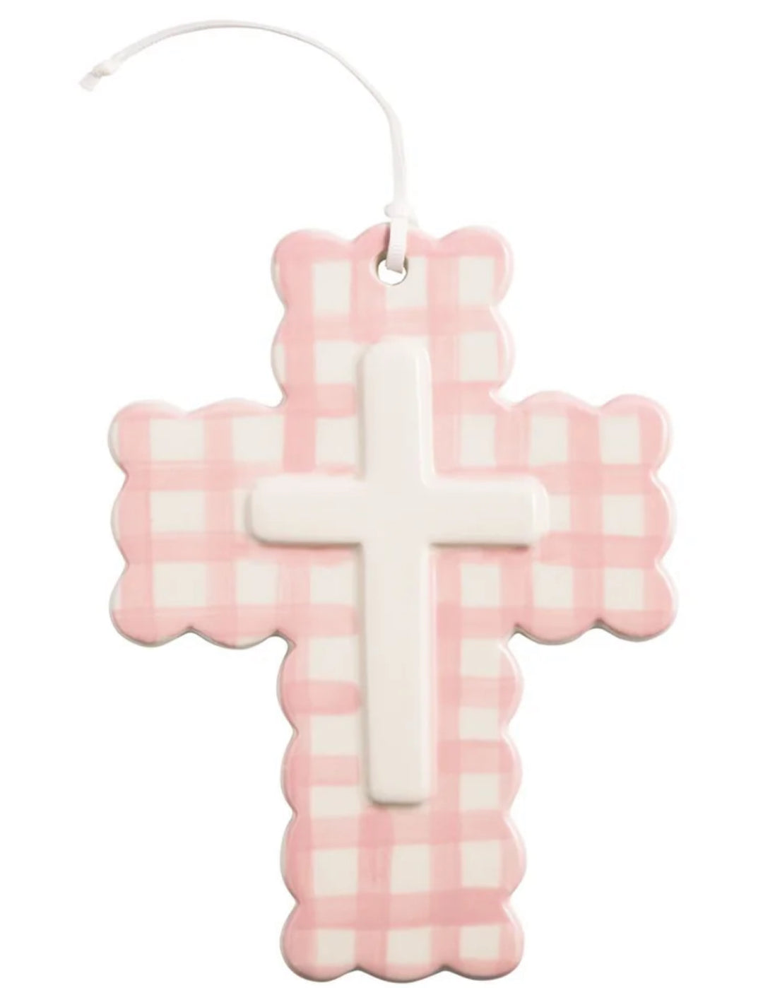 Pink Gingham Ceramic Cross
