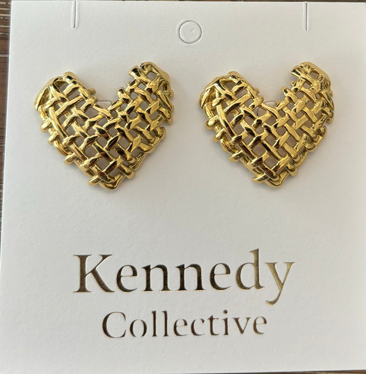 PVD Vacuum Plating 304 Stainless Steel Woven Heart Stud Earrings for Women, Golden, 25.5x28.5mm