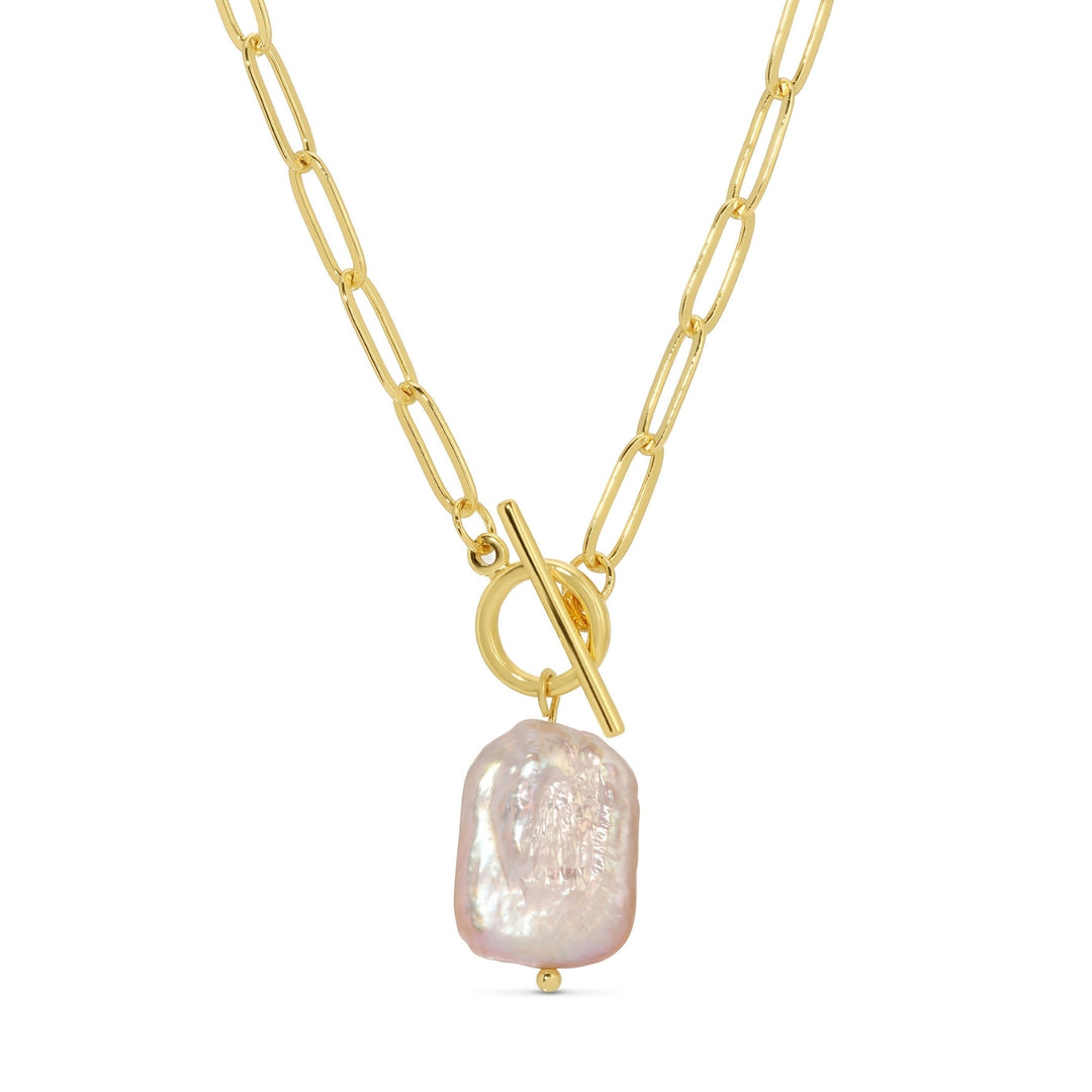 Necklace - Large baroque pearl pendant on paperclip chain with front toggle closure, Gold