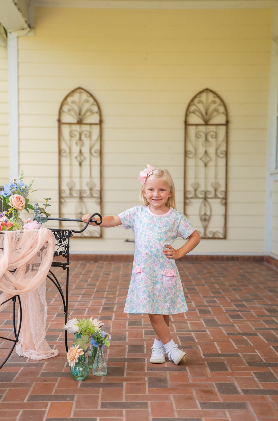 Mary Chase Short Sleeve Pink Floral Gingham Dress