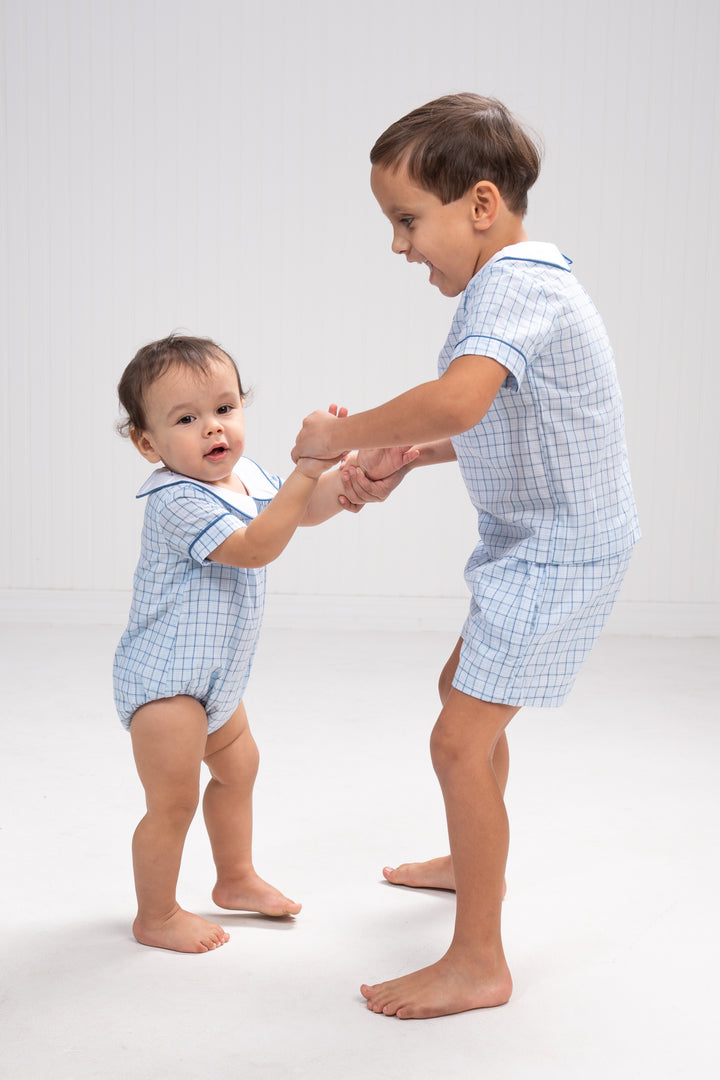 John Blue & Navy Plaid Short Set