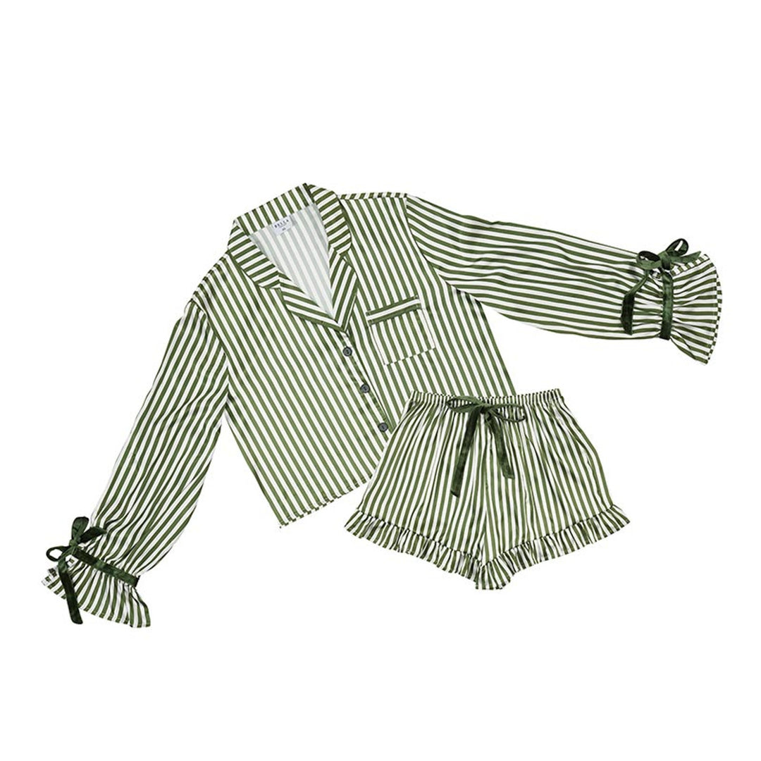 Bella Cropped PJ Set + Velvet Ties - Green Stripe