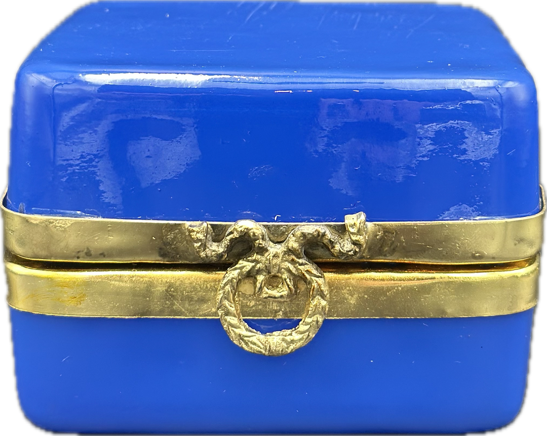 Opaline Square Blue Box with Brass Wreath
