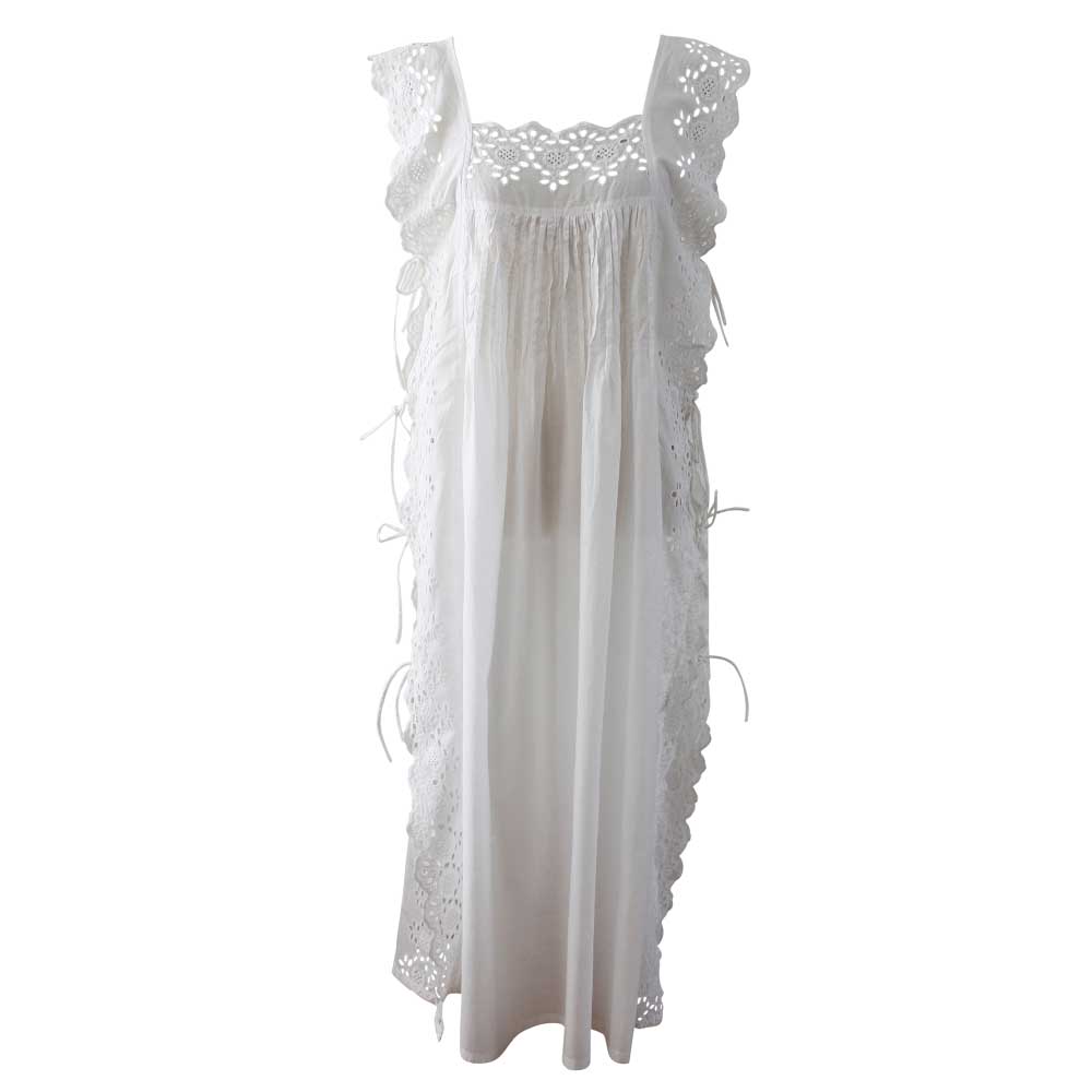 Betty, White Sleeveless Cotton Nightdress With Side Ties OS