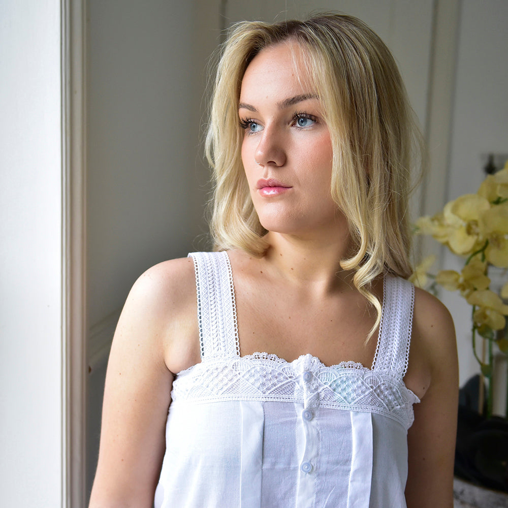 Nellie, Short Strappy Cotton Nightdress With Lace