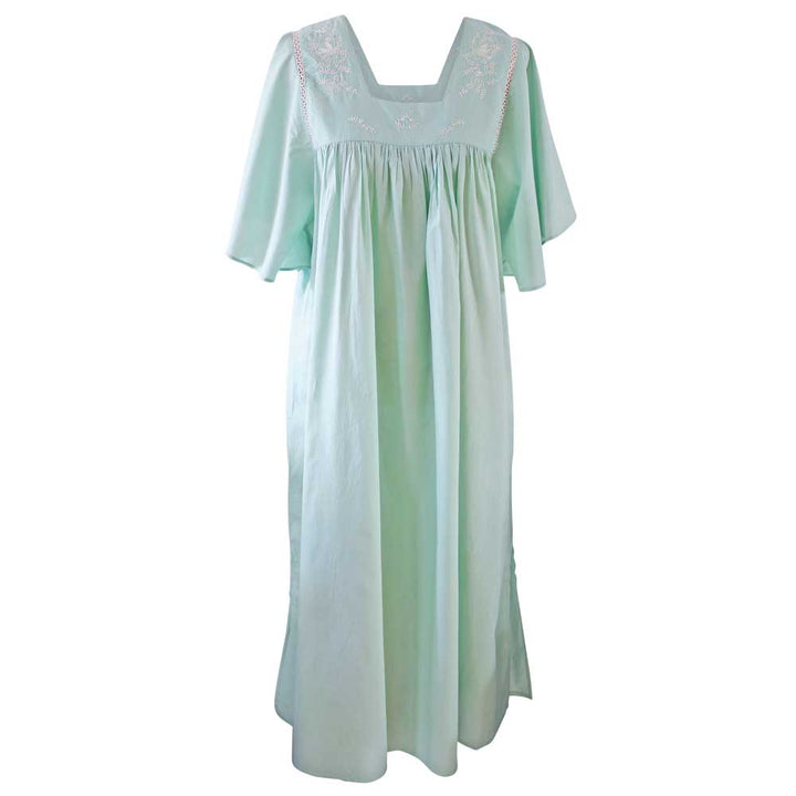 Valentina, Green Square Neck Embroidered Cotton Nightdress With Full Fluted Sleeves