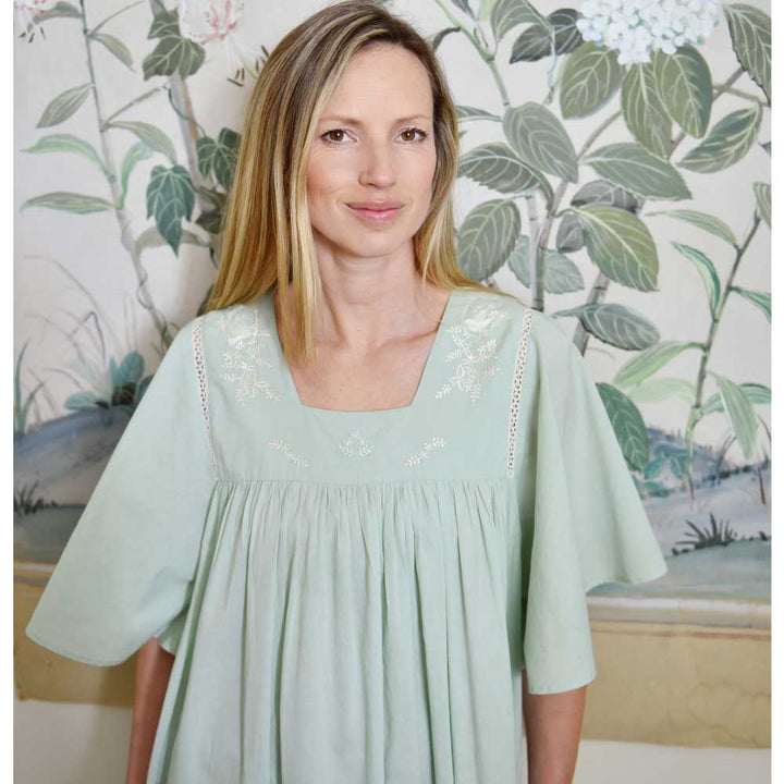 Valentina, Green Square Neck Embroidered Cotton Nightdress With Full Fluted Sleeves