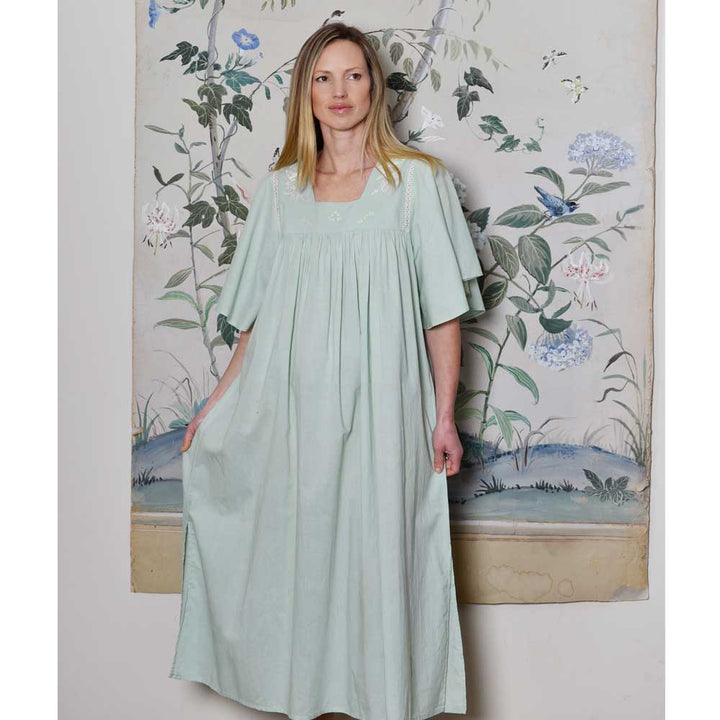 Valentina, Green Square Neck Embroidered Cotton Nightdress With Full Fluted Sleeves