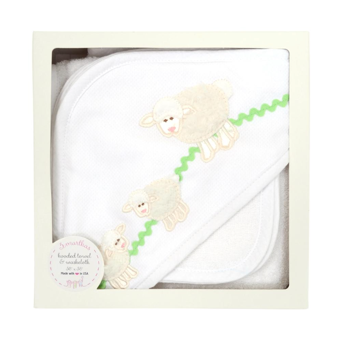 3 Marthas - White Lamb Hooded Towel & Washcloth Set