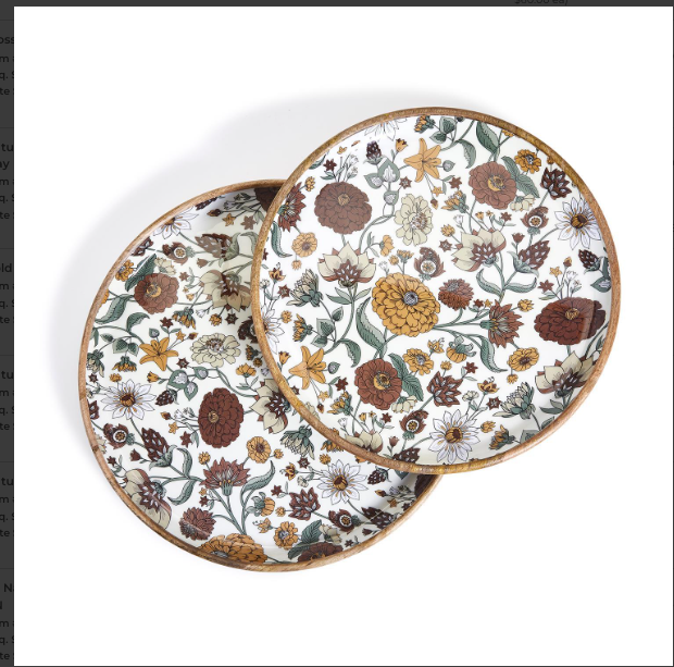 Naturally Floral Hand-crafted S/2 Wood Round Tray