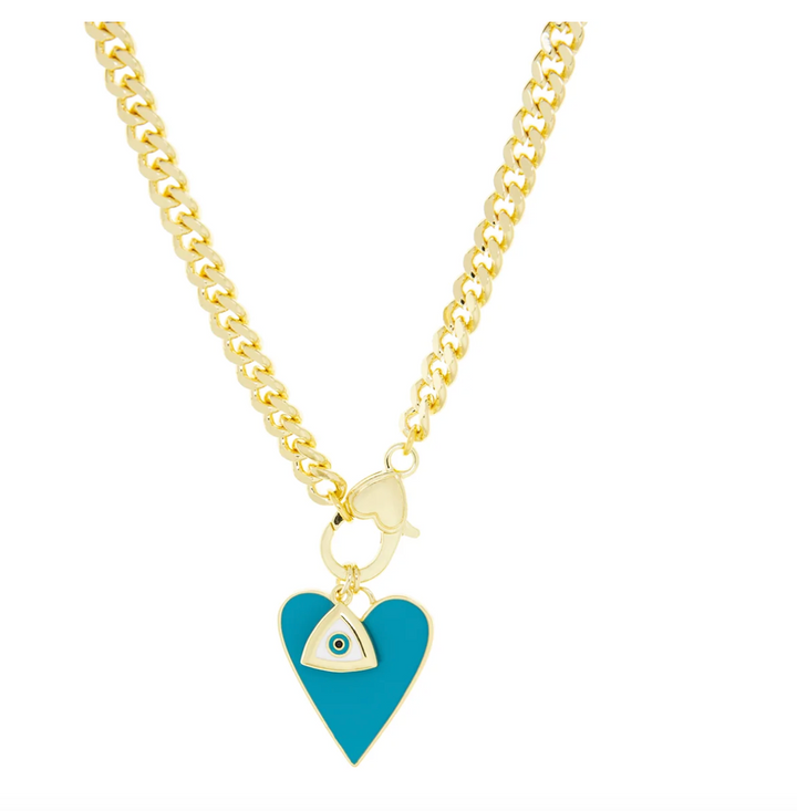Curb link Turquoise Heart/Eye charm necklace