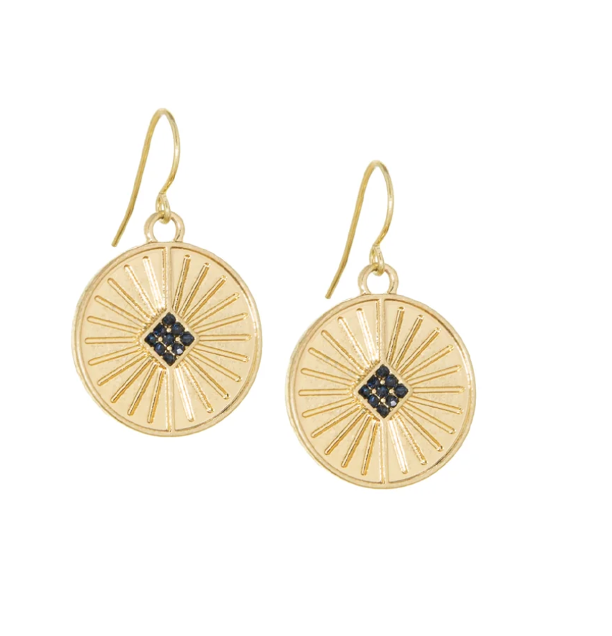 Gold Etched Drop Earring w Black Stones