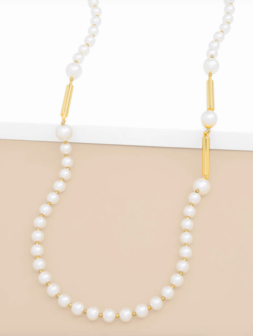 Long Pearl and Gold Bar Necklace