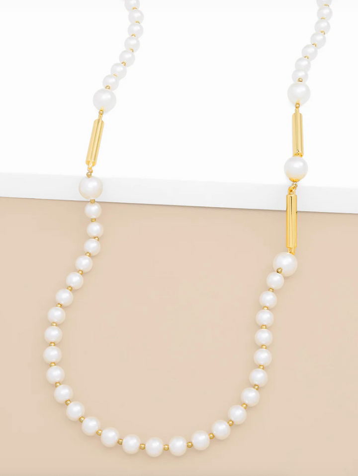 Long Pearl and Gold Bar Necklace