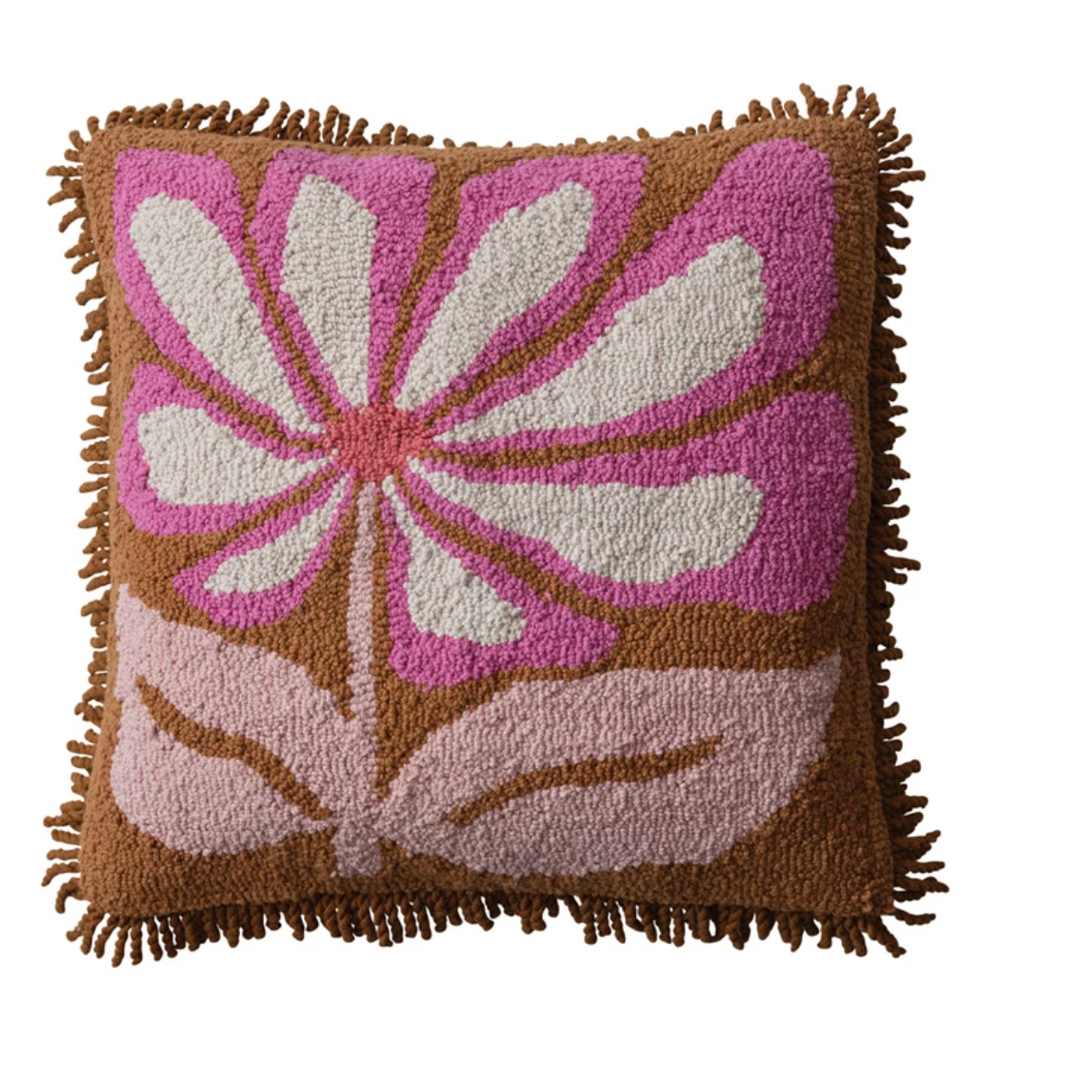 18" Square Cotton Tufted Pillow w/ Flower & Fringe