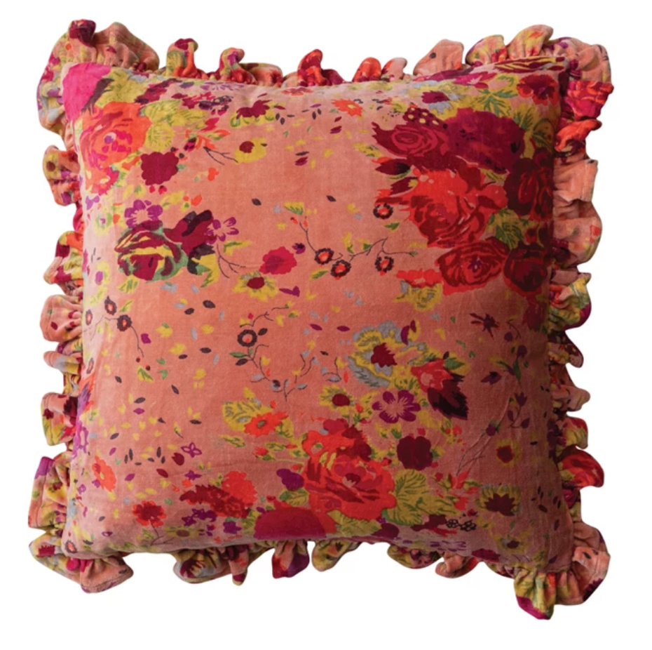 20" Square Cotton Velvet Printed Pillow w/ Floral Pattern