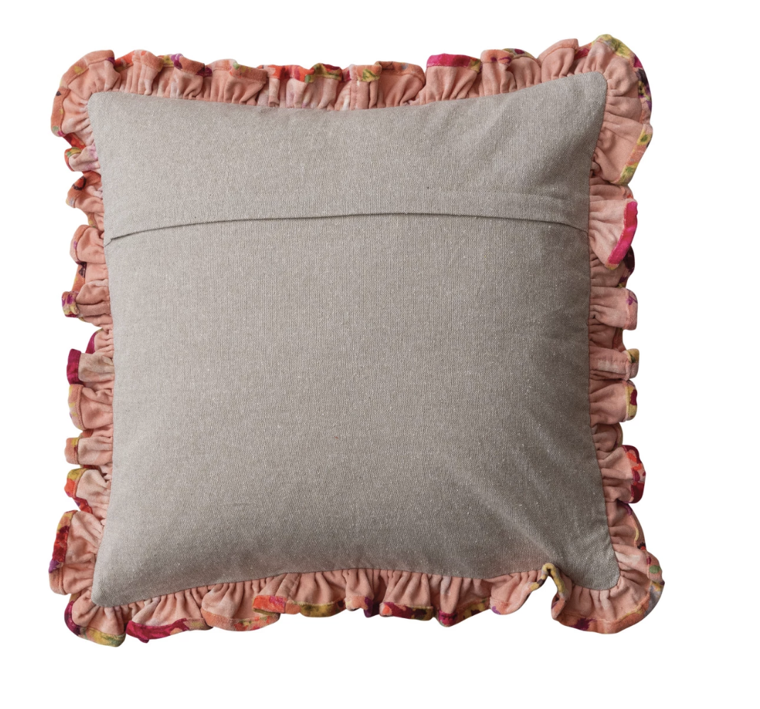 20" Square Cotton Velvet Printed Pillow w/ Floral Pattern