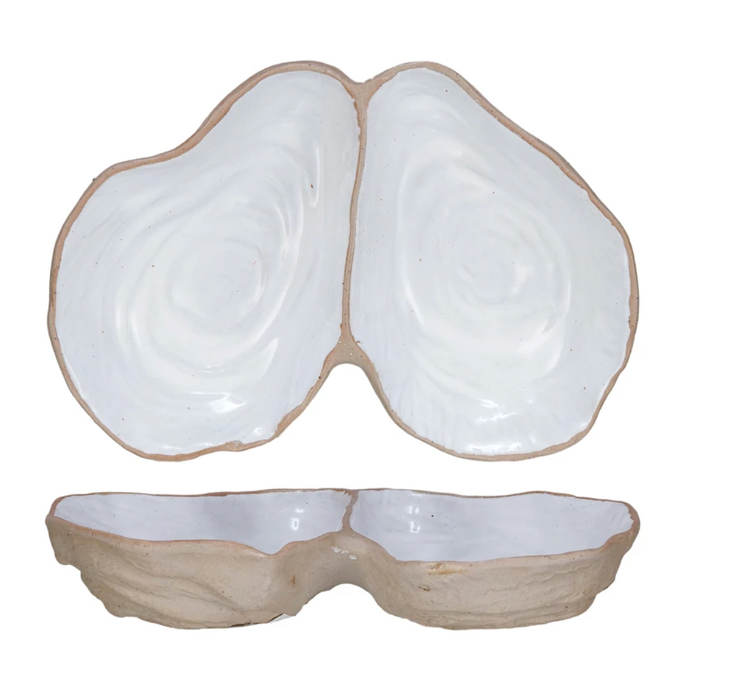 Stoneware Oyster Shell Shaped Dish w/ 2 Sections