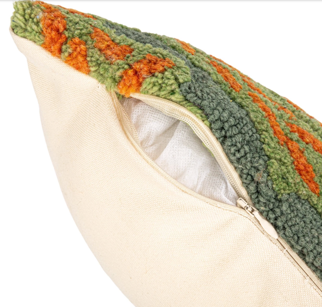 Woven Bouclé Fabric Lumbar Pillow w/ Tufted Botanicals