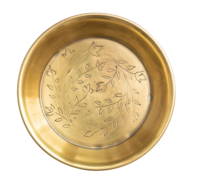 Metal Dish w/ Etched Floral Design, Antique Brass Finish