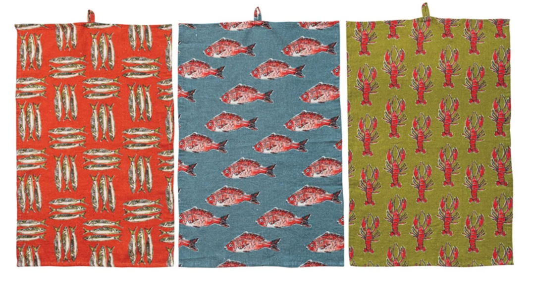 Linen Sea Life Printed Tea Towel