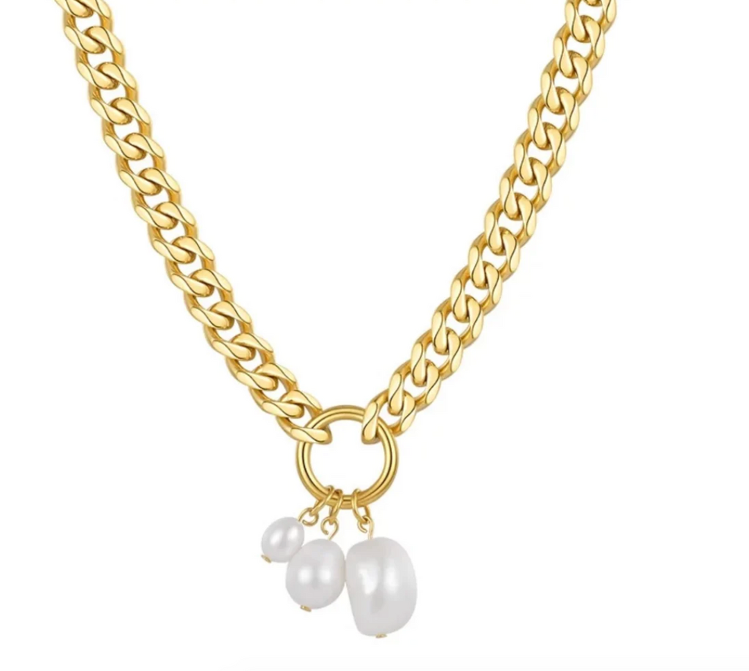 Pearl Charm Curb Necklace 16-18"