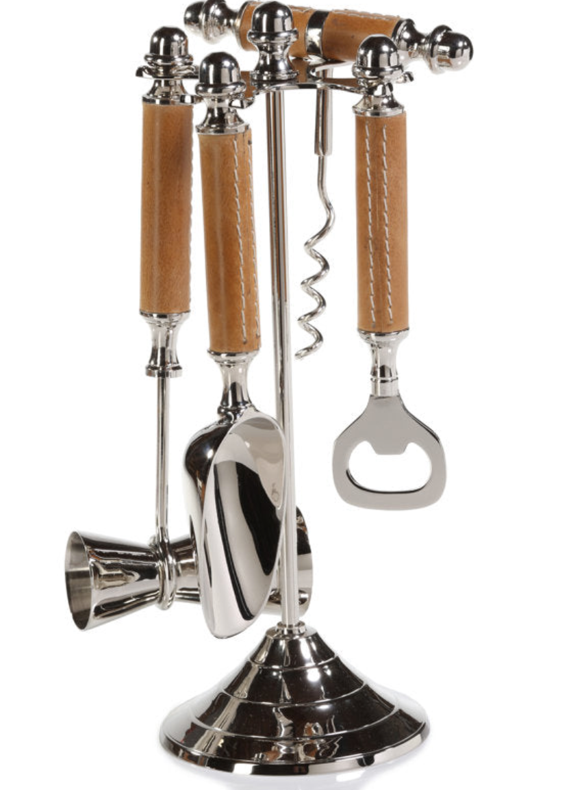 ALGARVE POLISHED NICKEL AND LEATHER BAR TOOL SET