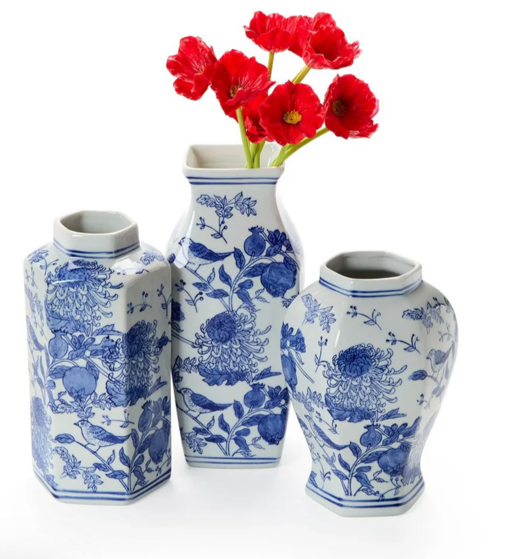 Chrysanthemum Hand-Painted Blue and White Vase