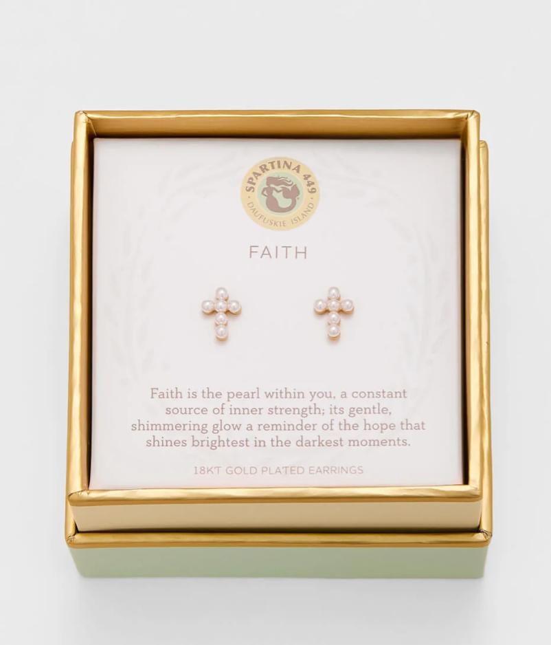 Sea La Vie Stud Earrings Faith/Pearl Cross Gold