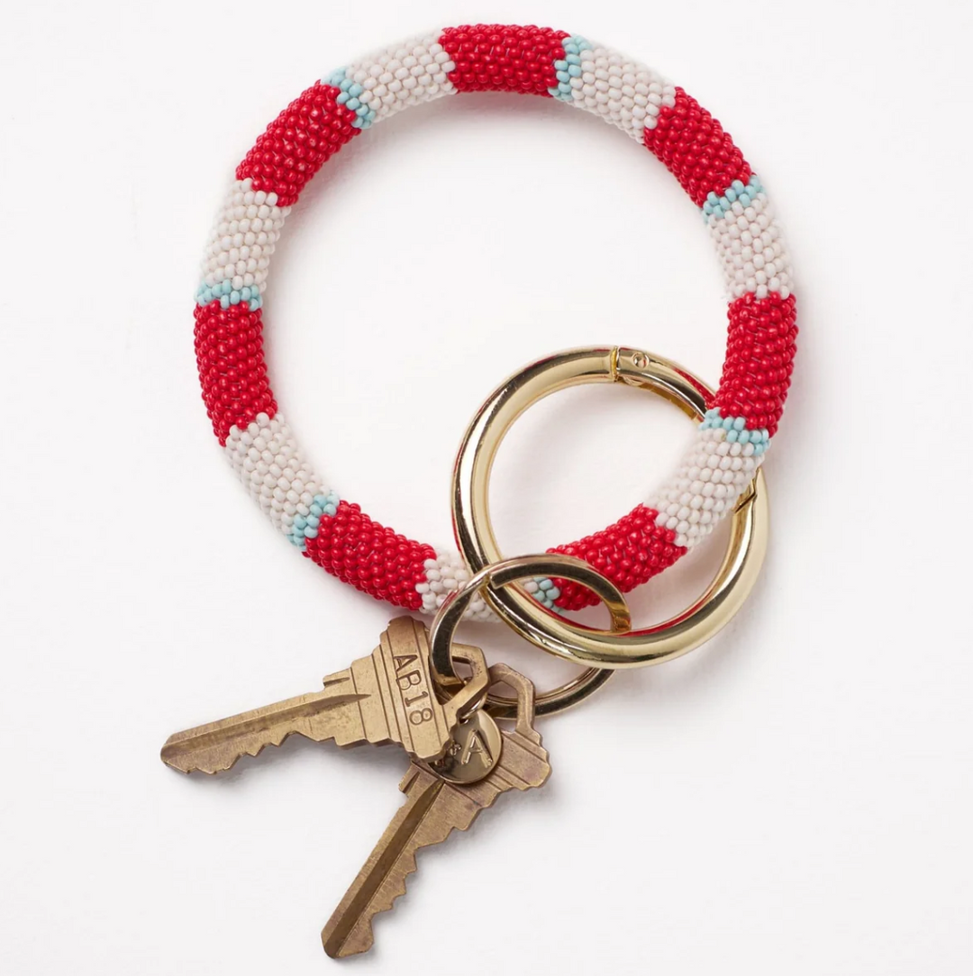 Chloe Stripe Beaded Key Ring Bracelet Red, Light Blue, + Ivory