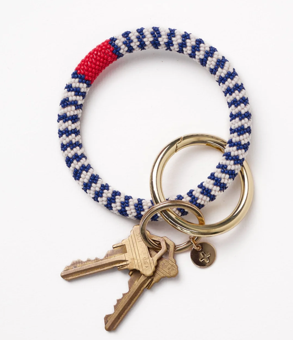 Chloe Small Stripe Beaded Key Ring Bracelet Navy, Ivory + Red