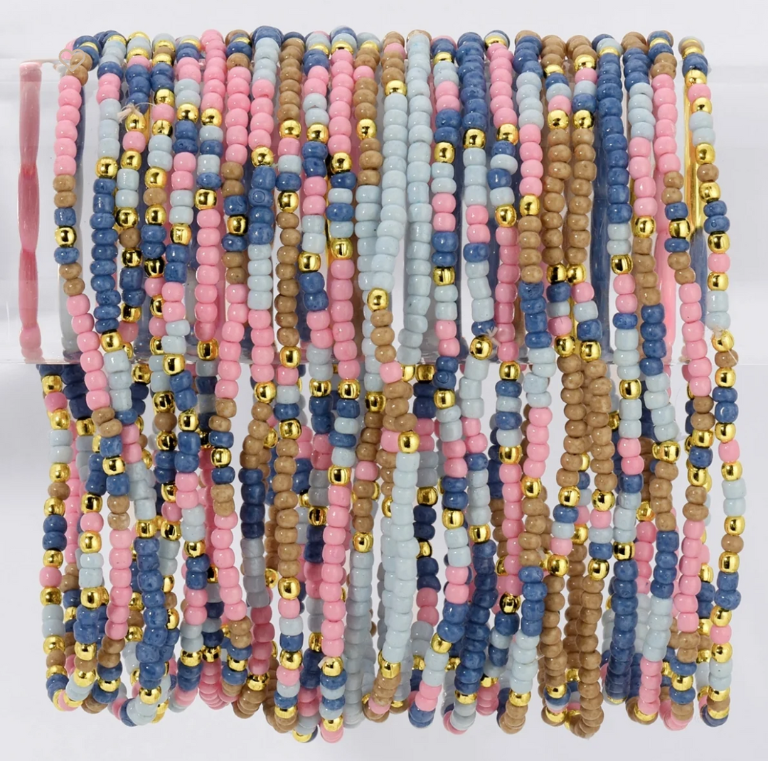 2mm Stretch Seed Bead Bracelets with Gold Bead Accents - Periwinkle/Pink/Taupe