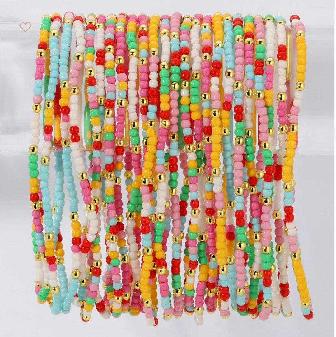 2mm Stretch Seed Bead Bracelet -  Aqua/Yellow/Red