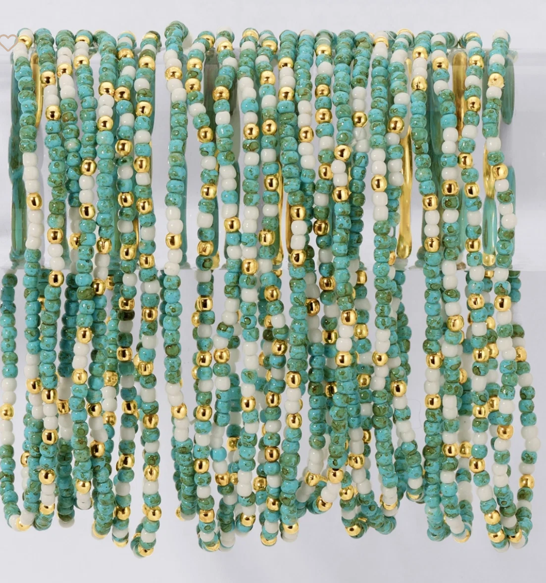 Faux Stone Assorted 2mm stretch Seed Bead bracelet - Aqua/White