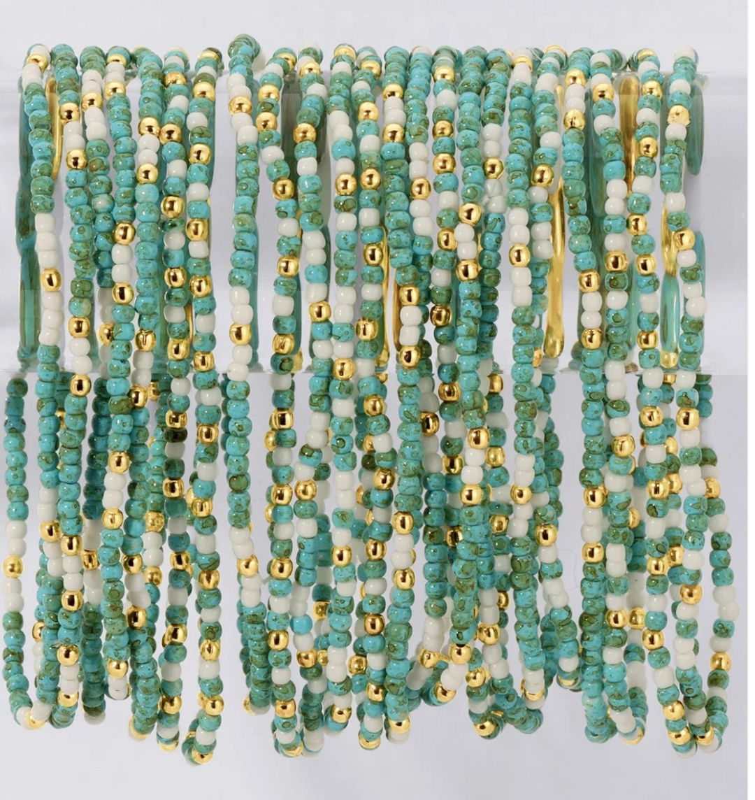 Faux Stone Assorted 2mm stretch Seed Bead bracelet - Green/Ivory with gold bead accents