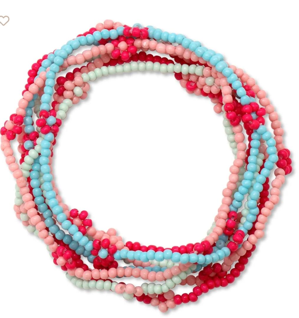 2mm light blue/mint/pink stretch seed bead bracelets with flowers