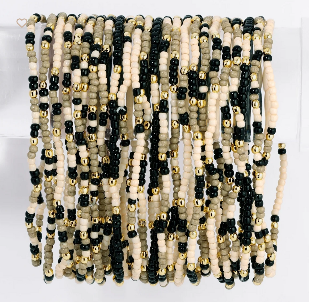 2mm Stretch Seed Bead Bracelet with Gold Bead Accents - Black/Taupe/Ivory, Gold