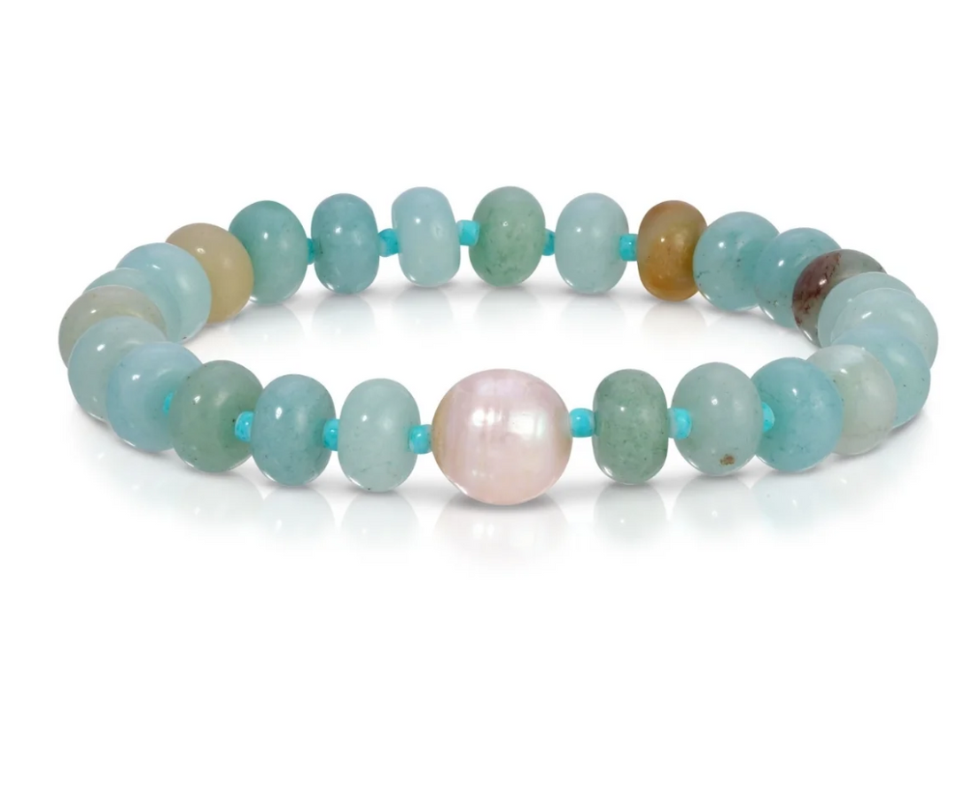 Stone Bracelet with Baroque Pearl - Marbled Aqua/Turquoise Stone