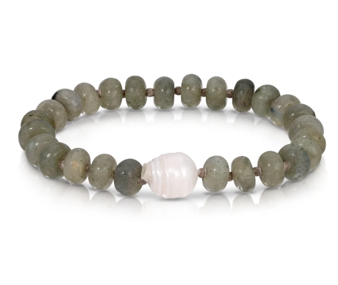 Stone Bracelet with Baroque Pearl - Marbled Grey/ Grey Stone