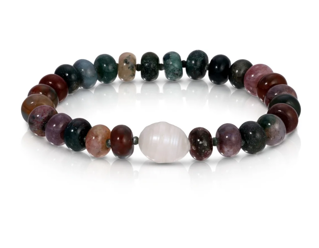 Stone Bracelet with Baroque Pearl - Marbled Multicolor/Dark Green Stone