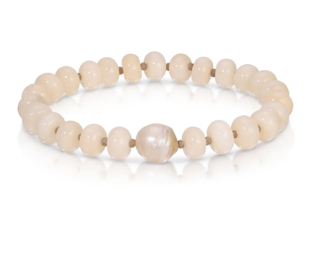 Stone Bracelet with Baroque Pearl - Ivory/Taupe Stone