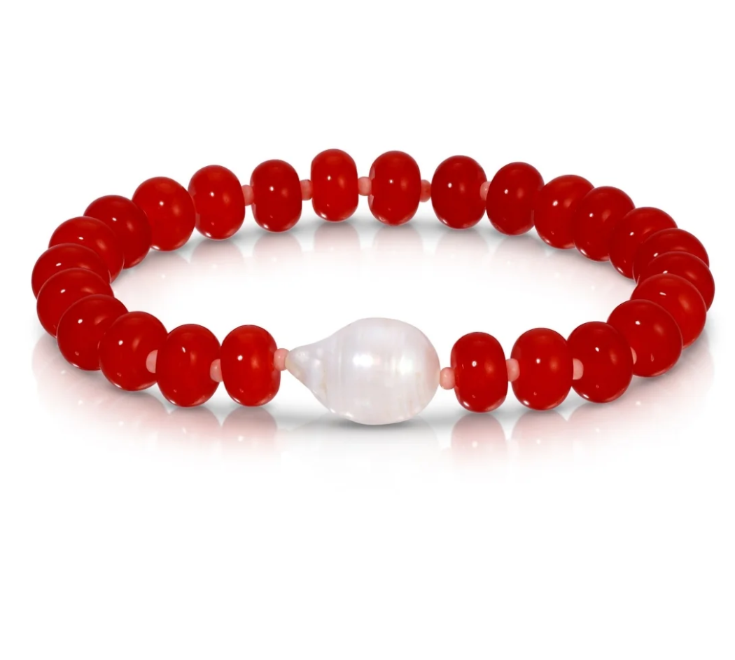 Stone Bracelet with Baroque Pearl - Rust/Peach Stone